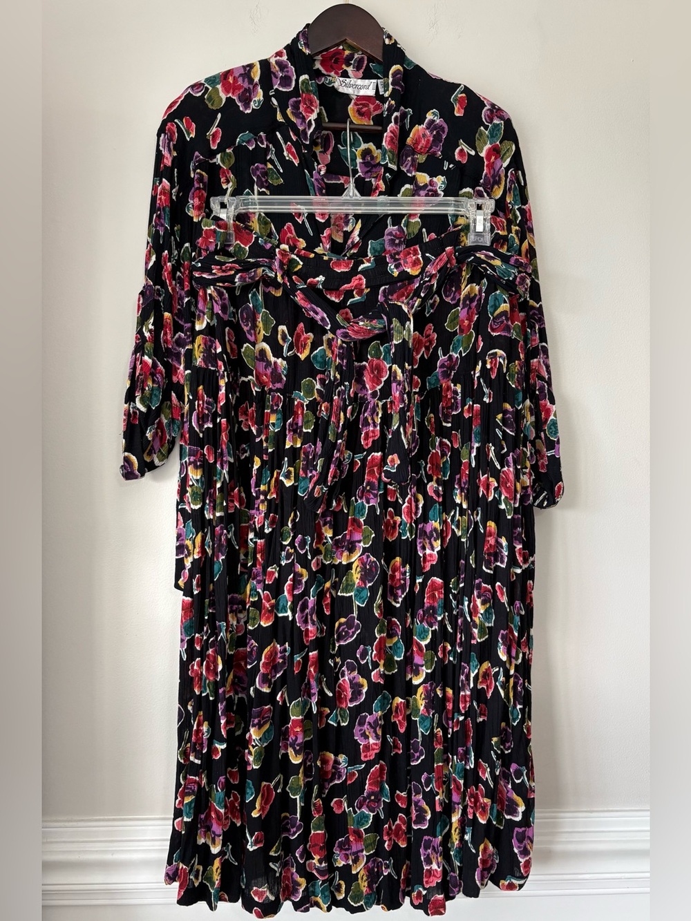 Vintage Rayon Two Piece Set Skirt 22W Jacket 20W Floral Black 90s Silvercord
